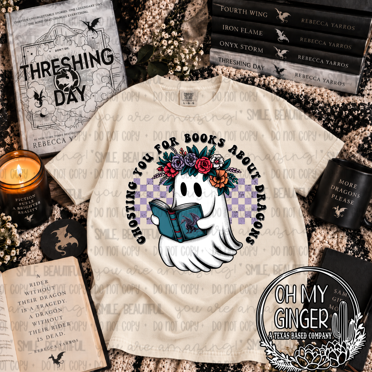Ghosting You For Books About Dragons graphic tee with a flower-crowned reading ghost and purple checkerboard accent