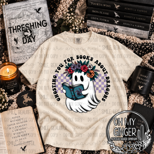 Ghosting You For Books About Dragons — a reading ghost with flowers and dragon-book wording