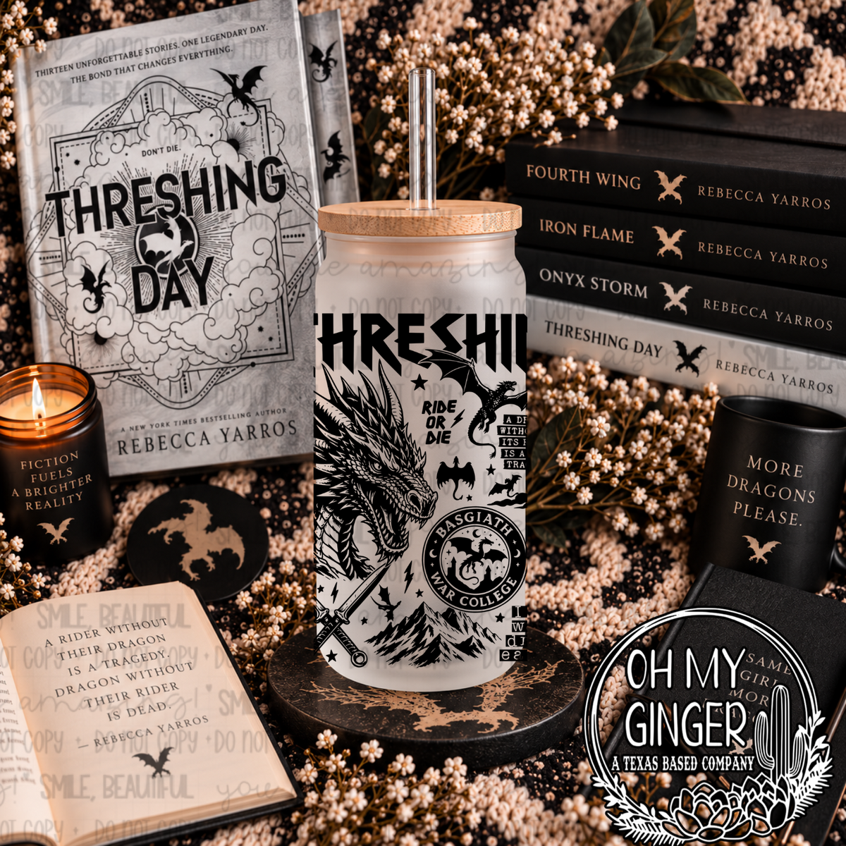 Threshing 16oz glass can mockup featuring black dragon artwork, a sword and decorative lettering