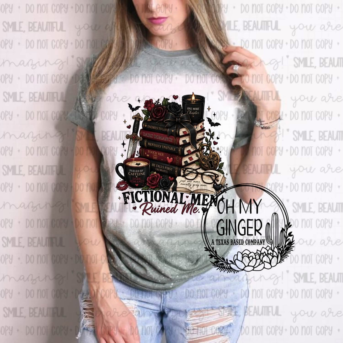 Fictional Men Ruined Me — stacked books, a dragon and fictional-men lettering