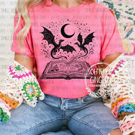 Book Dragons — black dragons, a crescent moon and an open book