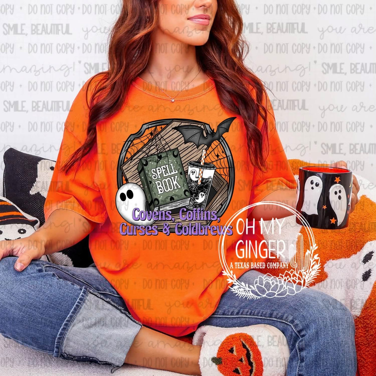 Covens, Coffins, Curses, and Coldbrews apparel mockup. “Covens, Coffins, Curses & Coldbrews” lettering sits below a gothic scene with a spell book, coffin, ghost, bats, and an iced drink.