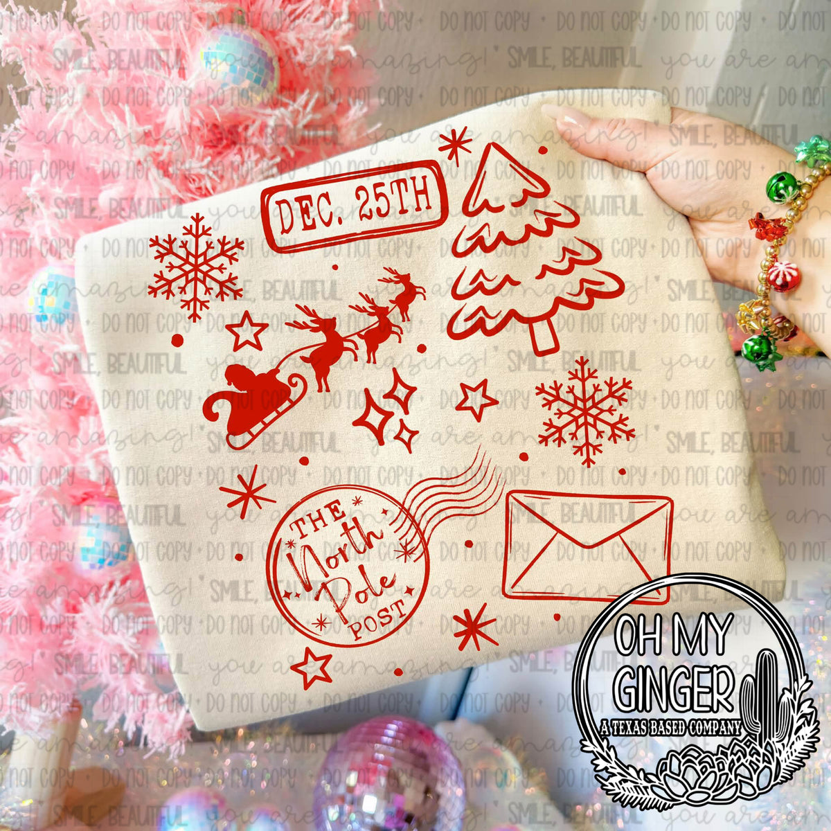 The North Pole Post — red North Pole mail graphics, a sleigh, tree and envelope